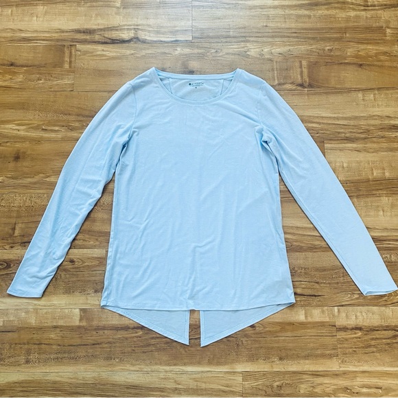 ATHLETA S Light Blue Essence Semi Fit Long Sleeve Split Back Activewear T-Shirt - Picture 2 of 16